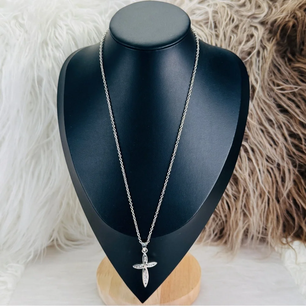 Beautiful silvertone, clear bling CZ others cross pendant costume necklace